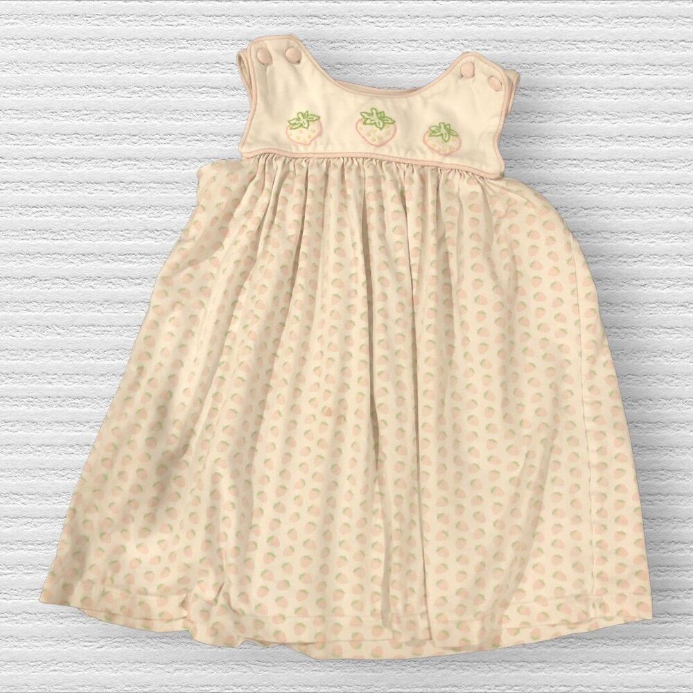 True 4t Pink Green Strawberry Button Bib Dress Summer